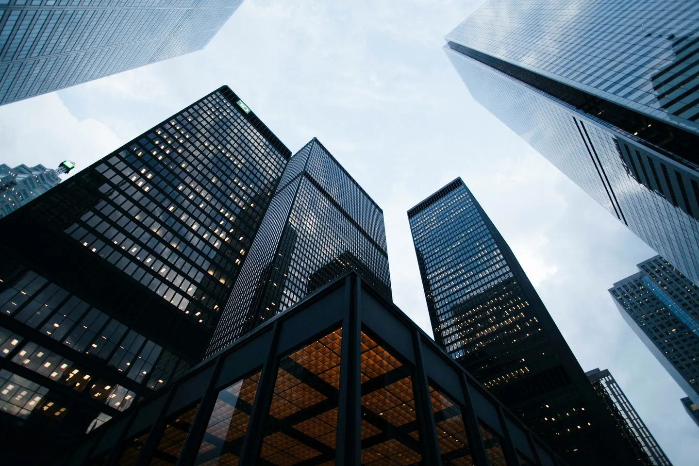 Office towers viewed from below.